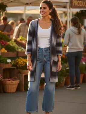 Stitch Fix Ombre Stripe Duster Cardigan | Open Front 3/4 Sleeve Pockets